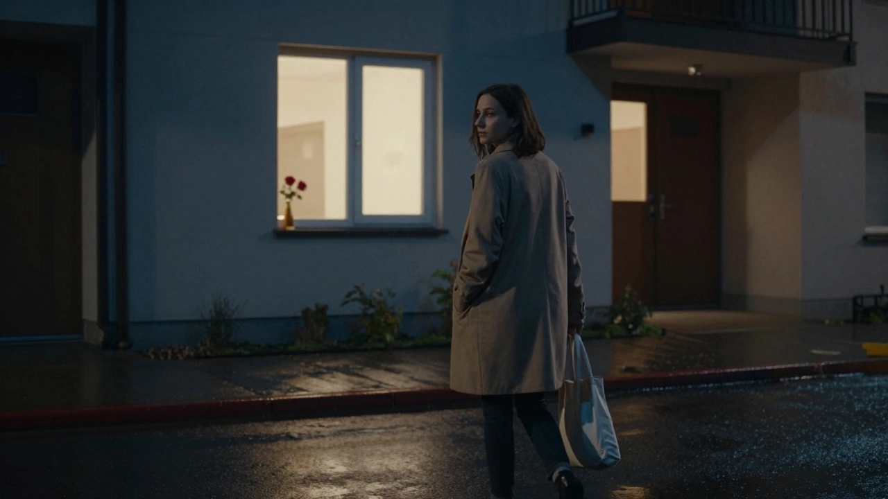A woman walking away from an apartment at night, a single rose visible on the windowsill behind her.