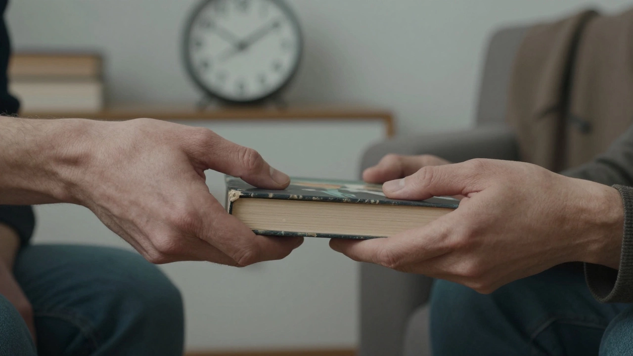 Two hands exchanging a book, the room softly lit, no faces shown, moment of quiet respect.